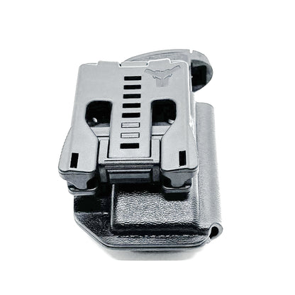 Black Kydex OWB Outside Waistband magazine pouch for the Smith & Wesson Shield Plus from Four Brothers 4BROS Holsters.  Adjustable retention and cant.