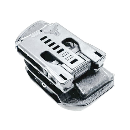 Black Kydex OWB Outside Waistband magazine pouch for the Smith & Wesson Shield Plus from Four Brothers 4BROS Holsters.  Adjustable retention and cant.