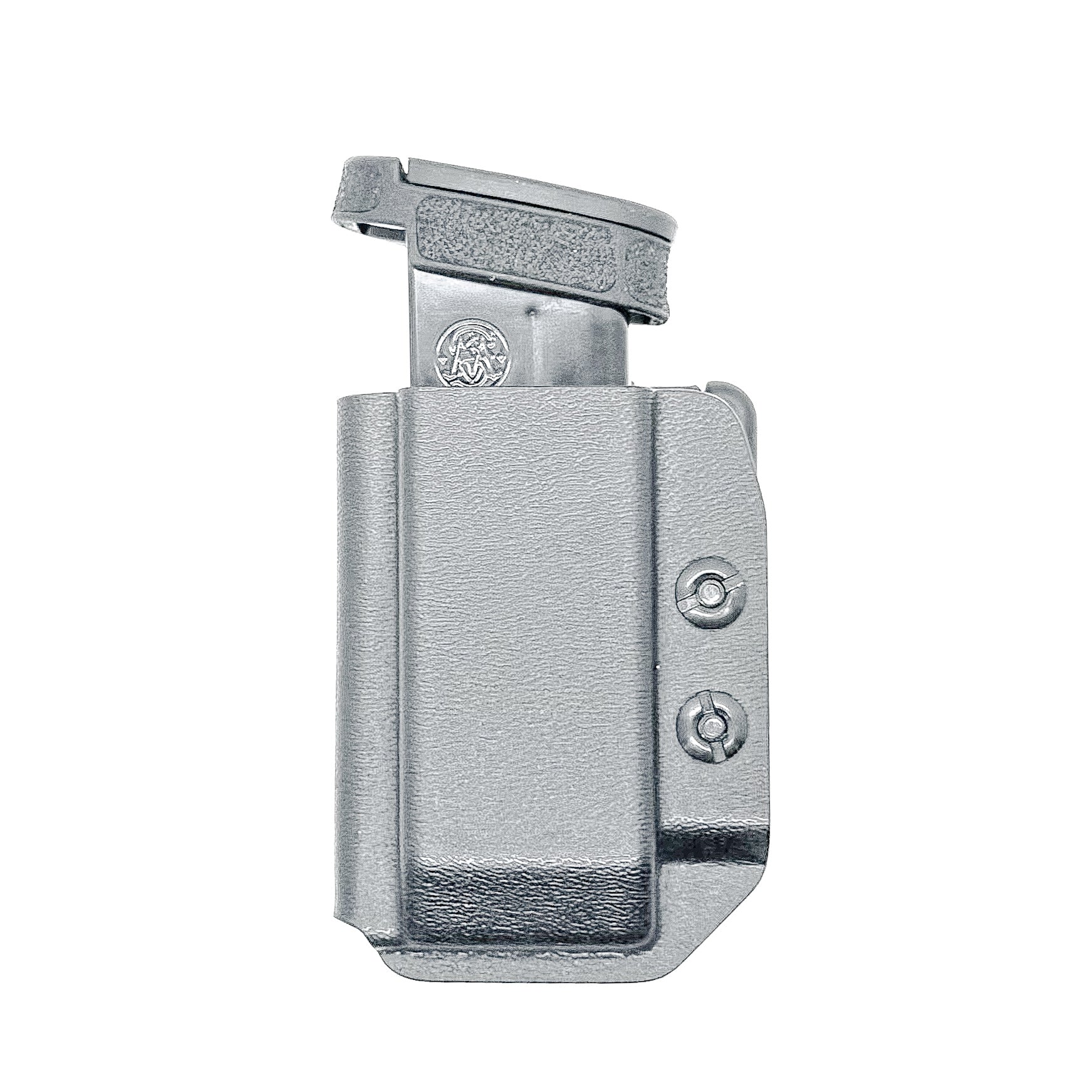 Black Kydex OWB Outside Waistband magazine pouch for the Smith & Wesson Shield Plus from Four Brothers 4BROS Holsters.  Adjustable retention and cant.