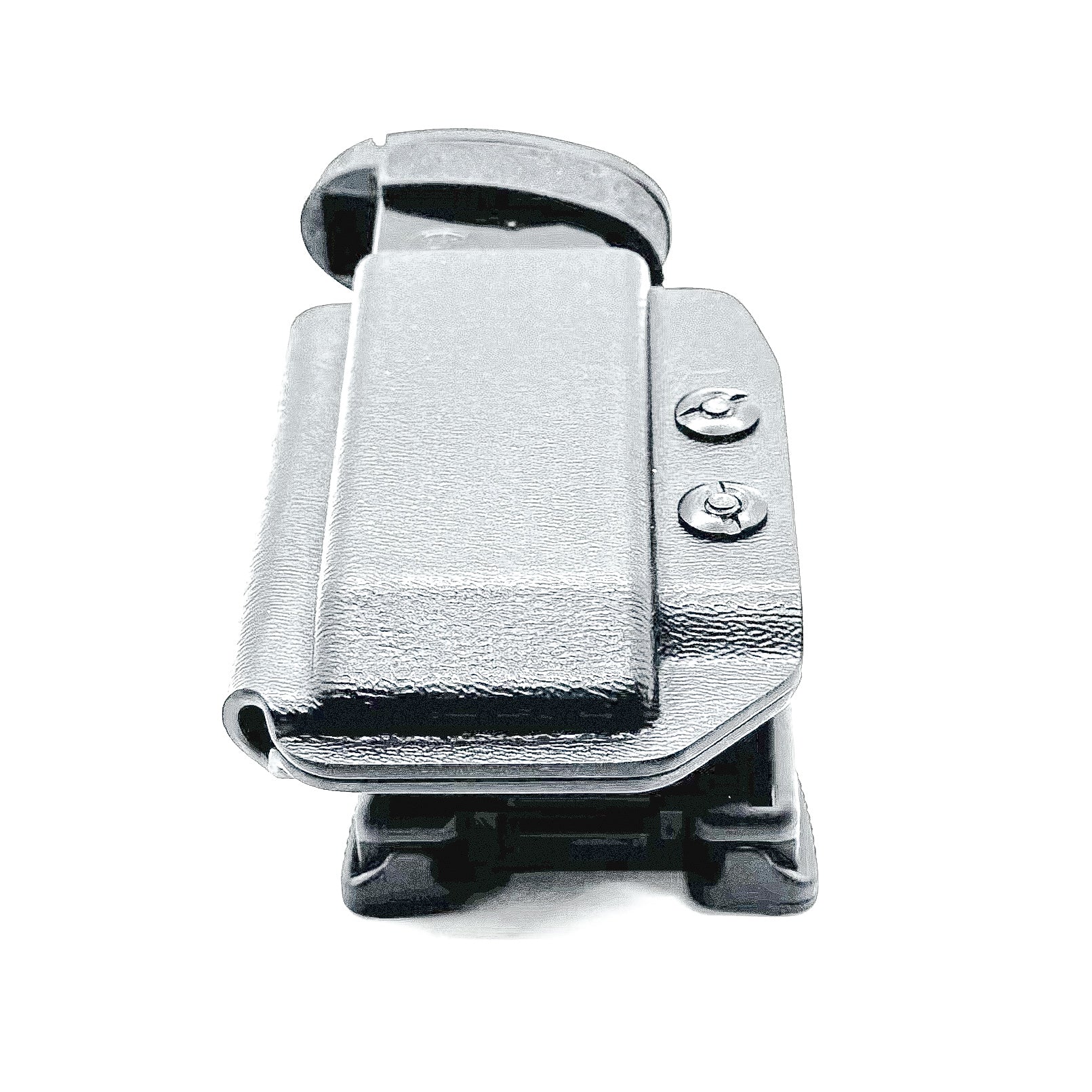 Black Kydex OWB Outside Waistband magazine pouch for the Smith & Wesson Shield Plus from Four Brothers 4BROS Holsters.  Adjustable retention and cant.
