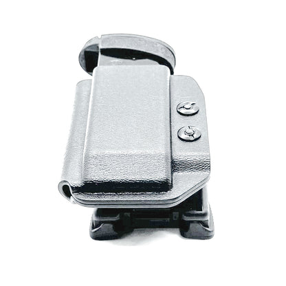Black Kydex OWB Outside Waistband magazine pouch for the Smith & Wesson Shield Plus from Four Brothers 4BROS Holsters.  Adjustable retention and cant.