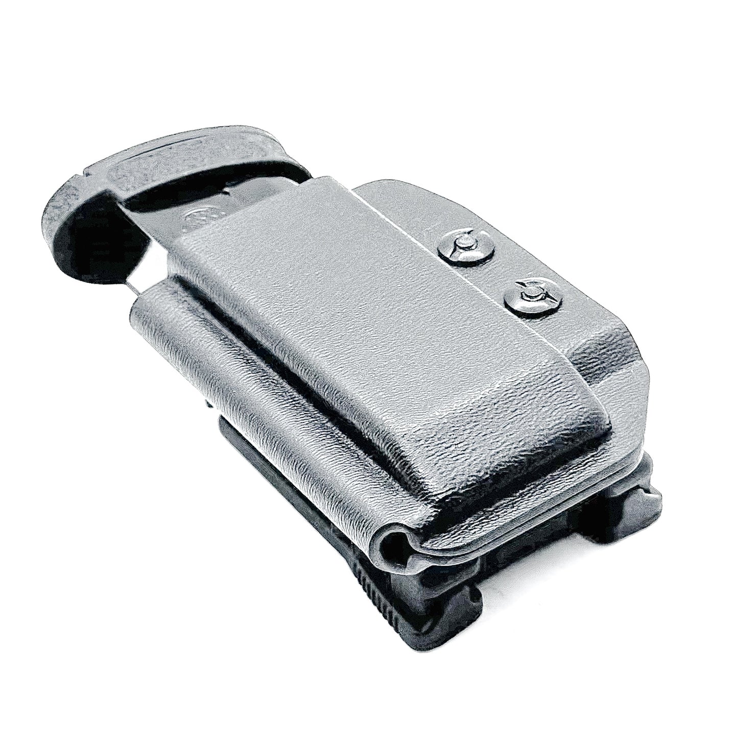 Black Kydex OWB Outside Waistband magazine pouch for the Smith & Wesson Shield Plus from Four Brothers 4BROS Holsters.  Adjustable retention and cant.