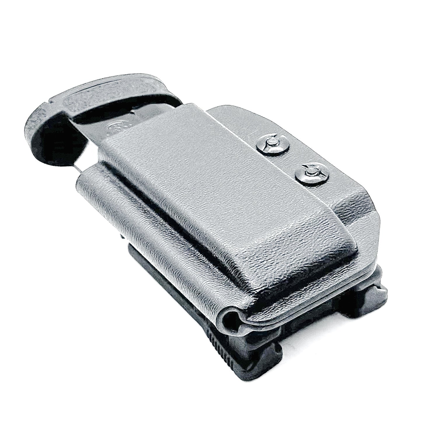 Black Kydex OWB Outside Waistband magazine pouch for the Smith & Wesson Shield Plus from Four Brothers 4BROS Holsters.  Adjustable retention and cant.