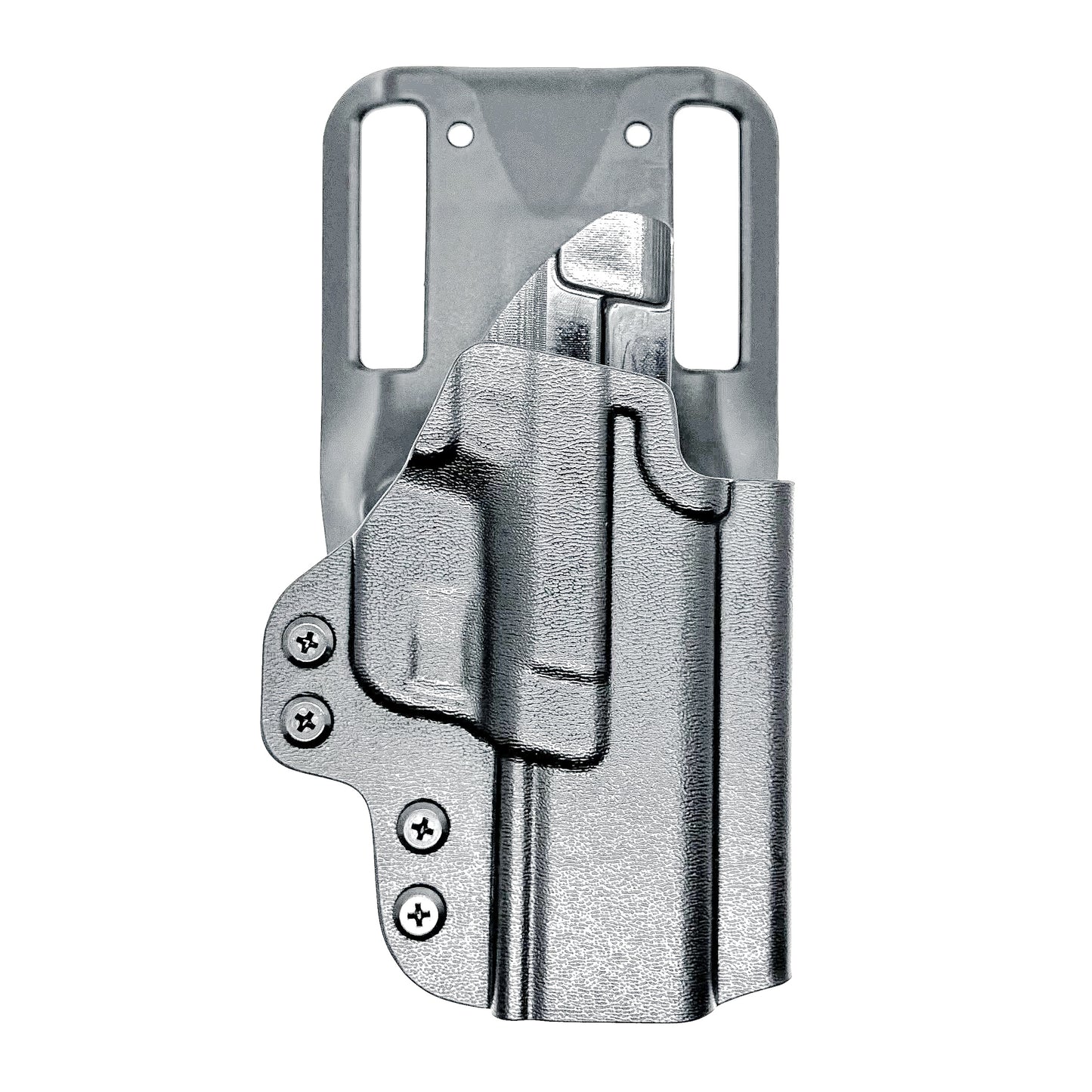 Black OWB light duty and competition holster for Springfield Hellcat Pro with manual safety. Red dot ready, threaded barrel compatible. 