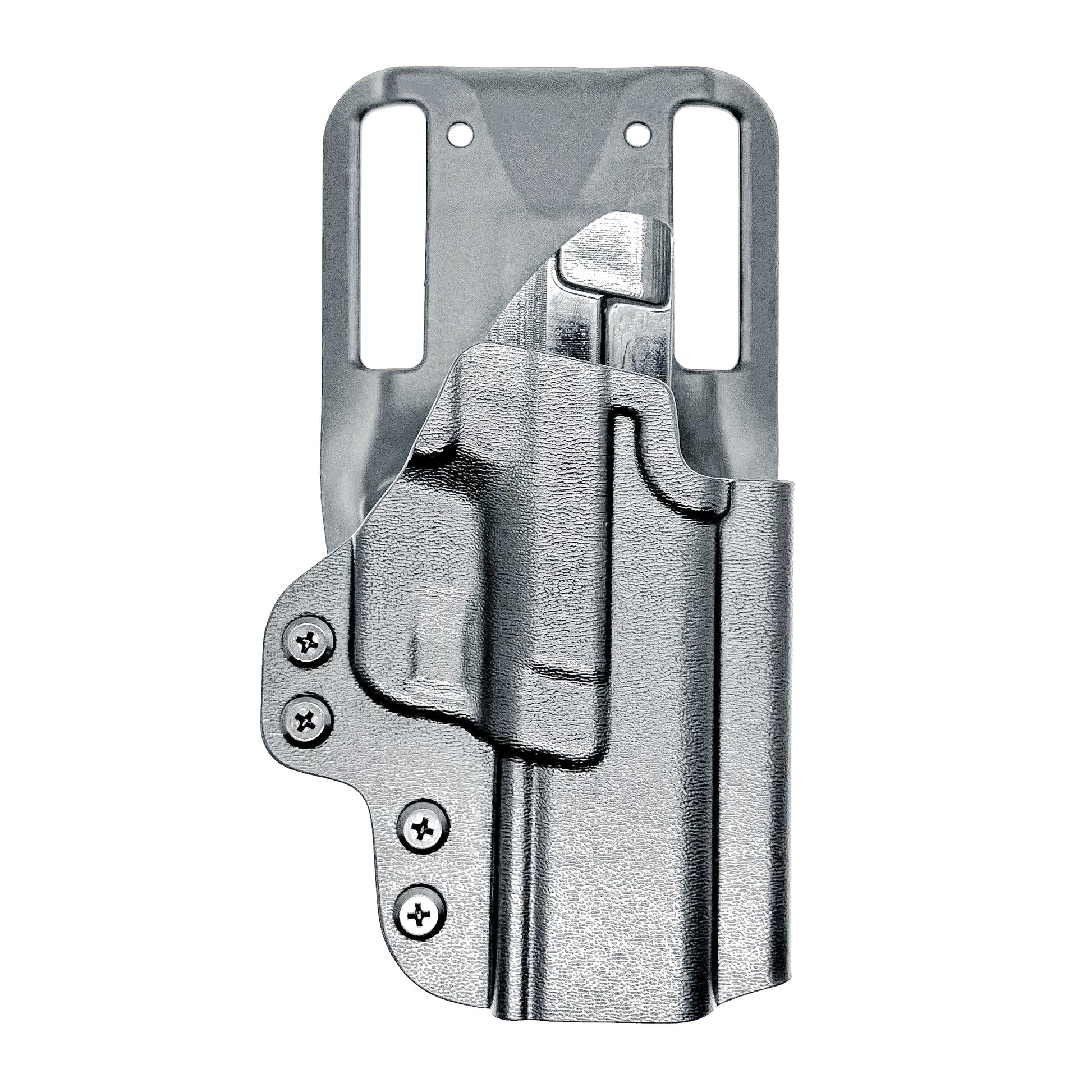 Black OWB light duty and competition holster for Springfield Hellcat Pro with manual safety. Red dot ready, threaded barrel compatible. 