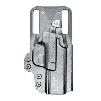 Black OWB light duty and competition holster for Springfield Hellcat Pro with manual safety. Red dot ready, threaded barrel compatible. 