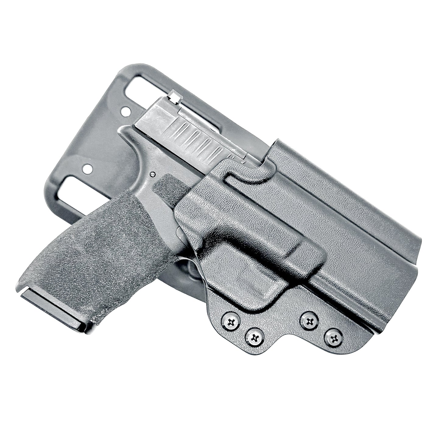 Black OWB light duty and competition holster for Springfield Hellcat Pro with manual safety. Red dot ready, threaded barrel compatible. 