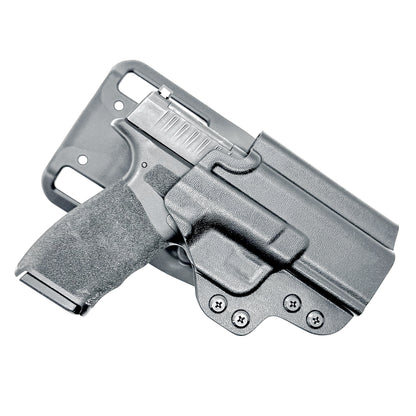 Black OWB light duty and competition holster for Springfield Hellcat Pro with manual safety. Red dot ready, threaded barrel compatible. 