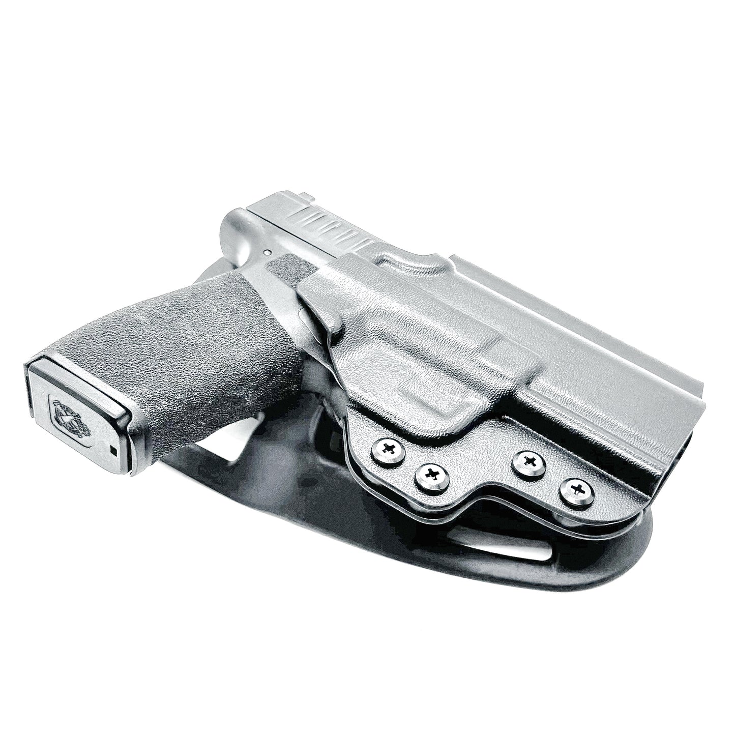 Black OWB light duty and competition holster for Springfield Hellcat Pro with manual safety. Red dot ready, threaded barrel compatible. 