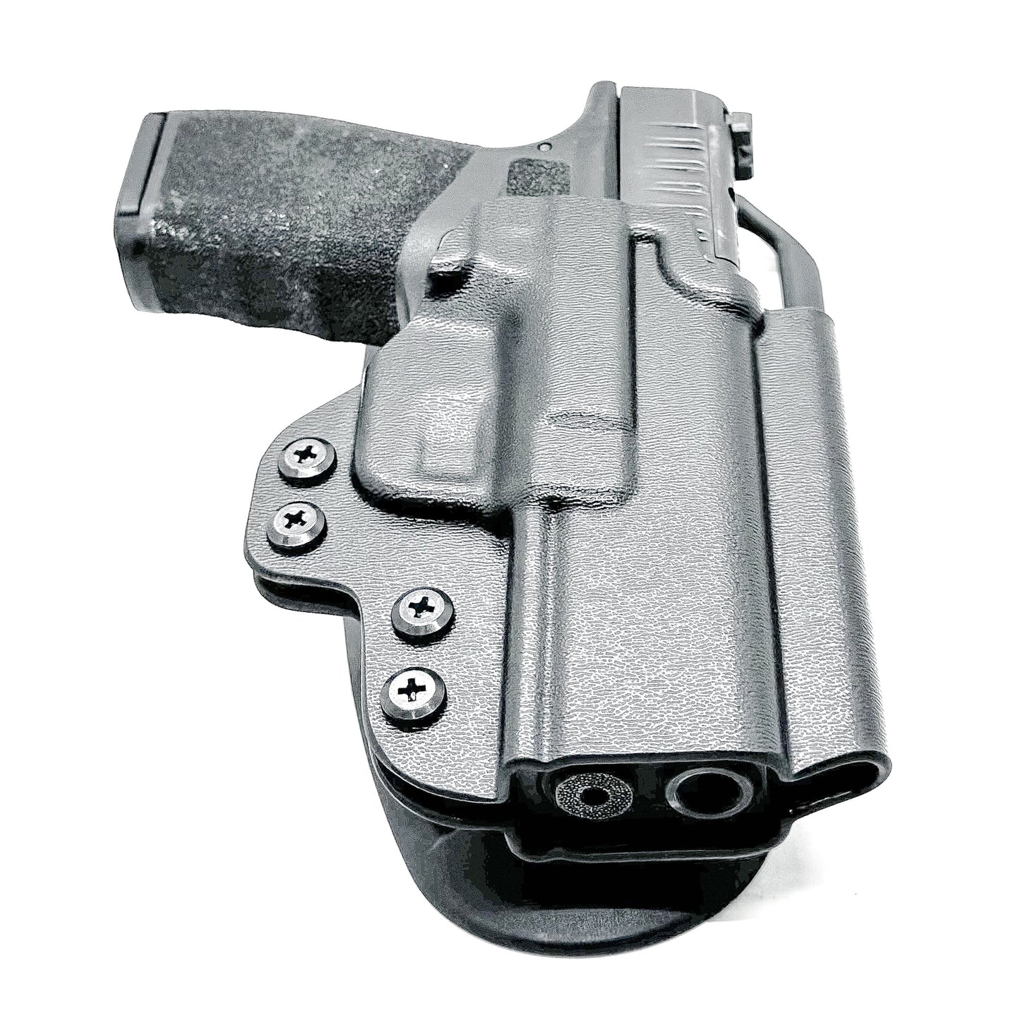 Black OWB light duty and competition holster for Springfield Hellcat Pro with manual safety. Red dot ready, threaded barrel compatible. 