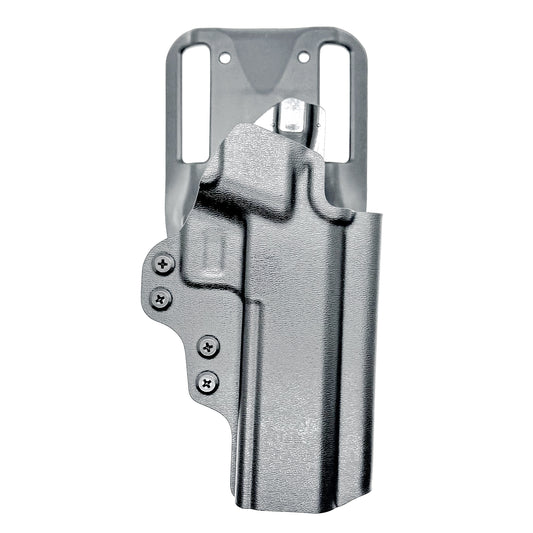 Black OWB competition-style holster for Springfield 1911 DS Prodigy 4.25" & 5". Red dot and suppressor sight compatible, open muzzle, adjustable cant. Made in the USA.