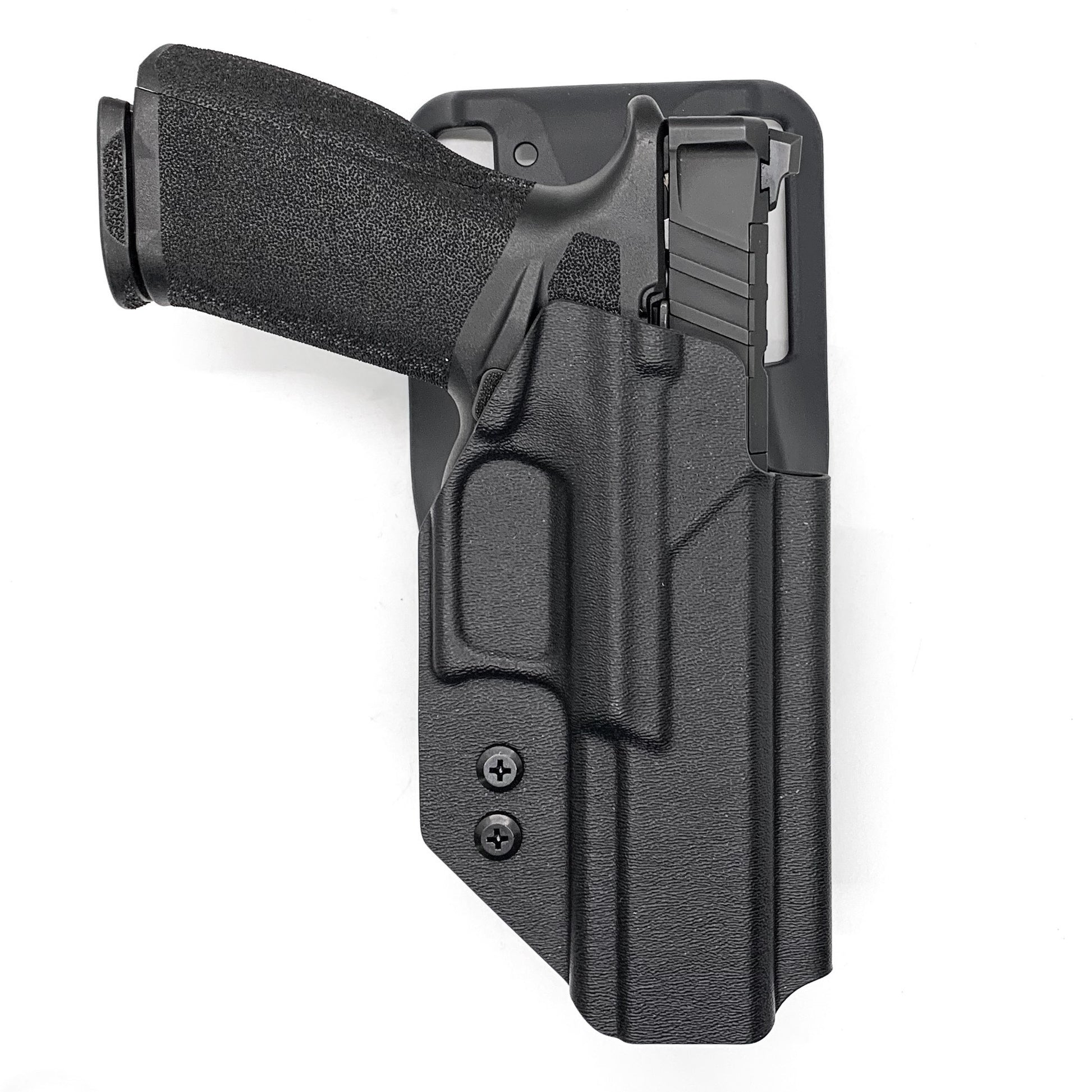 Outside waistband Kydex Duty, Hunting and Competition style Kydex holster designed to fit the Springfield Armory Echelon. Cleared for a red dot sight mounted to the pistol. Full sweat guard, adjustable retention, minimal material, and smooth edges to reduce printing. Proudly made in the USA. Echelon Springfield 9mm 