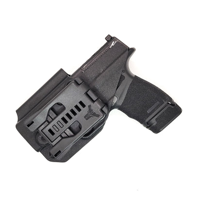 For the best OWB Outside Waistband Holster designed to fit the Springfield Armory Hellcat, shop Four Brothers Holters. Cleared for a red dot sight mounted to the pistol. Full sweat guard, adjustable retention, minimal material, and smooth edges to reduce printing. Proudly made in the USA.