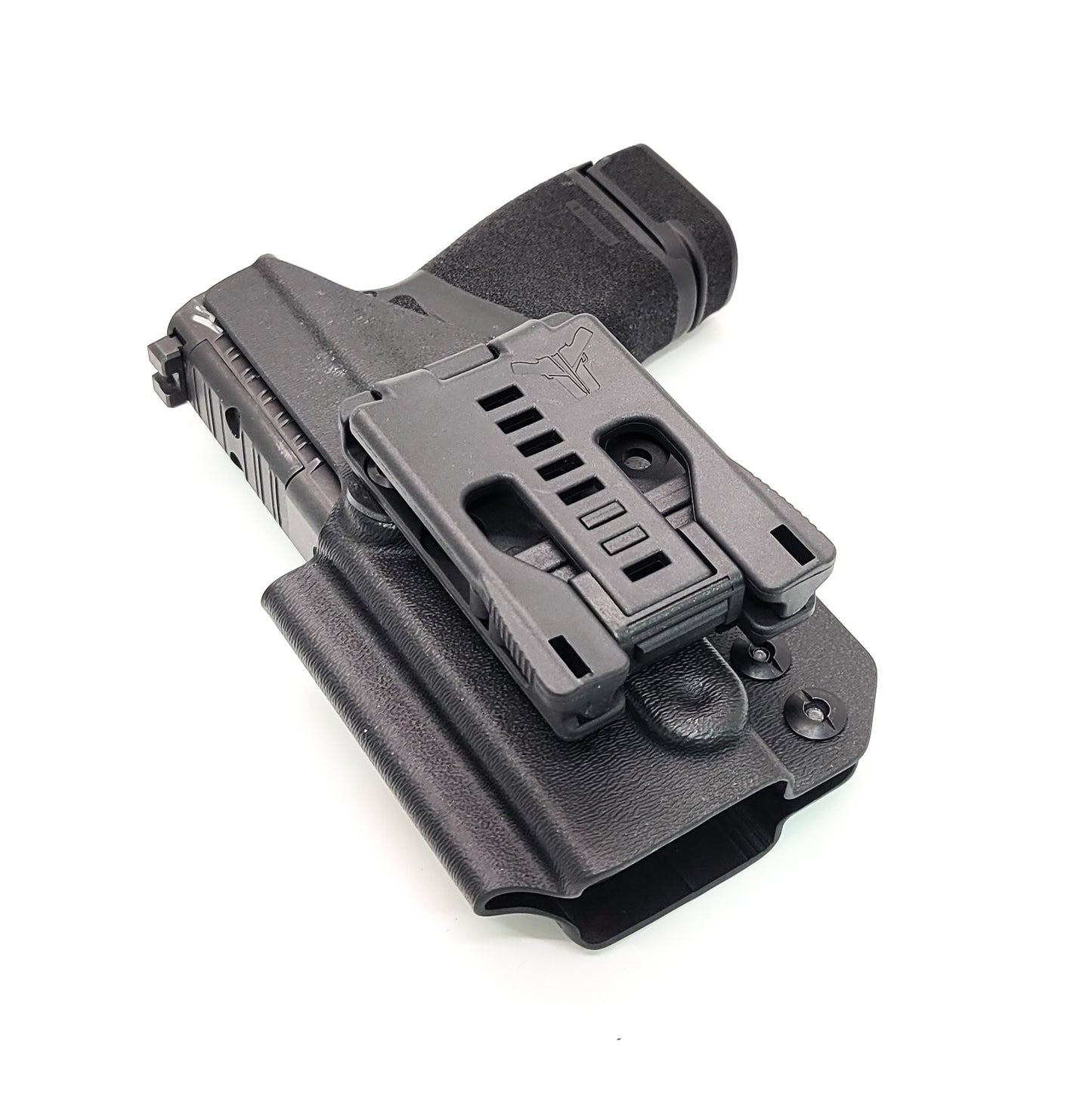 For the best OWB Outside Waistband Holster designed to fit the Springfield Armory Hellcat, shop Four Brothers Holters. Cleared for a red dot sight mounted to the pistol. Full sweat guard, adjustable retention, minimal material, and smooth edges to reduce printing. Proudly made in the USA.