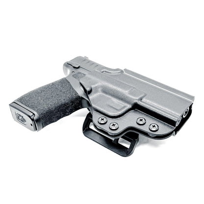 Right-hand OWB holster for Springfield Hellcat Pro with 4BROS 1.5-inch Belt Slide attachment, shown in black Kydex.