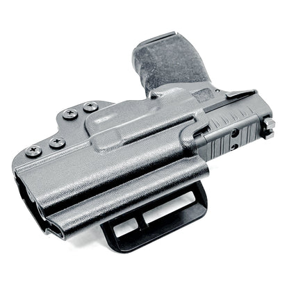 Right-hand OWB holster for Springfield Hellcat Pro with 4BROS 1.5-inch Belt Slide attachment, shown in black Kydex.
