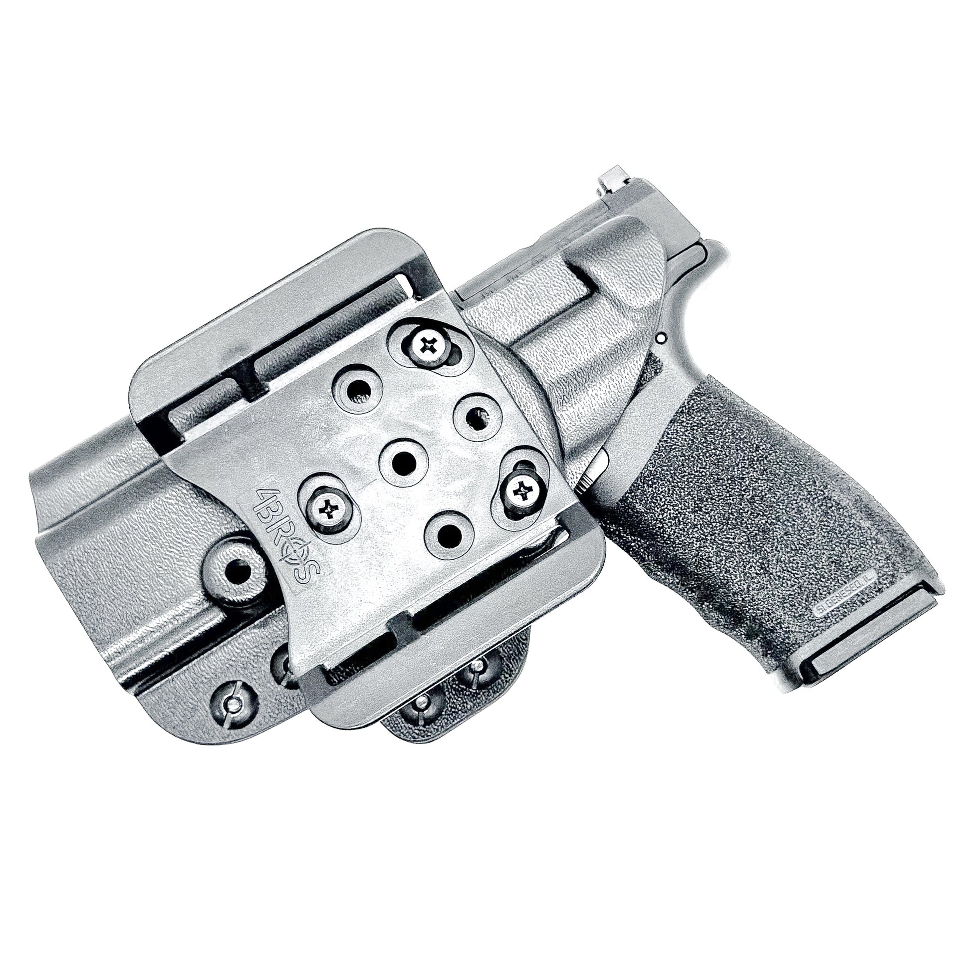 Right-hand OWB holster for Springfield Hellcat Pro with 4BROS 1.5-inch Belt Slide attachment, shown in black Kydex.