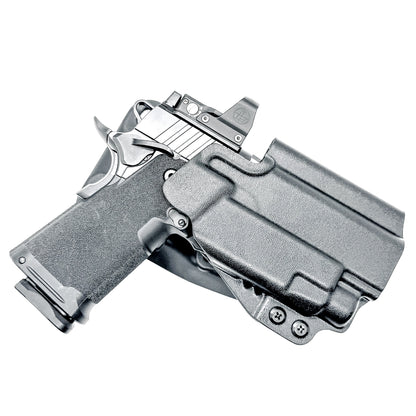 OWB competition-style holster for Springfield 1911 DS Prodigy 4.25" & TLR-7 HL-X. Red dot and suppressor sight compatible, open muzzle, adjustable cant. USA Made.