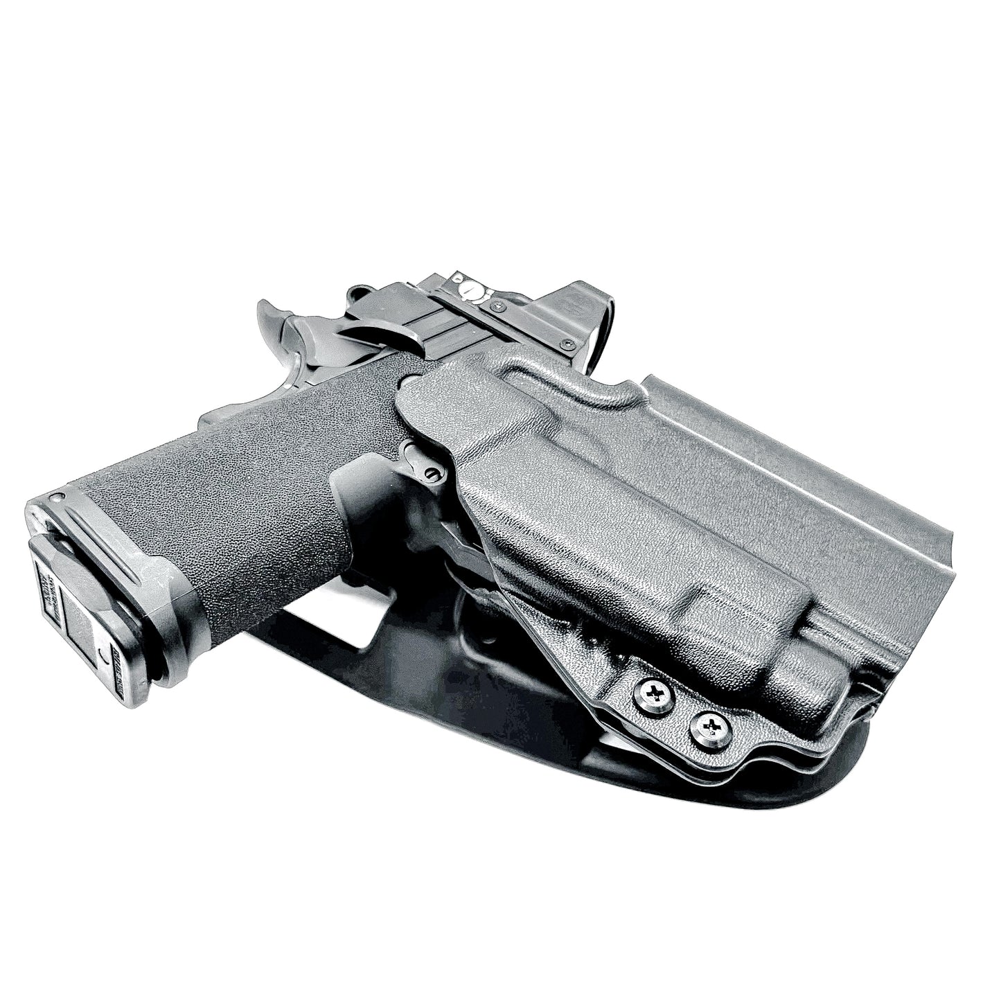 OWB competition-style holster for Springfield 1911 DS Prodigy 4.25" & TLR-7 HL-X. Red dot and suppressor sight compatible, open muzzle, adjustable cant. USA Made.