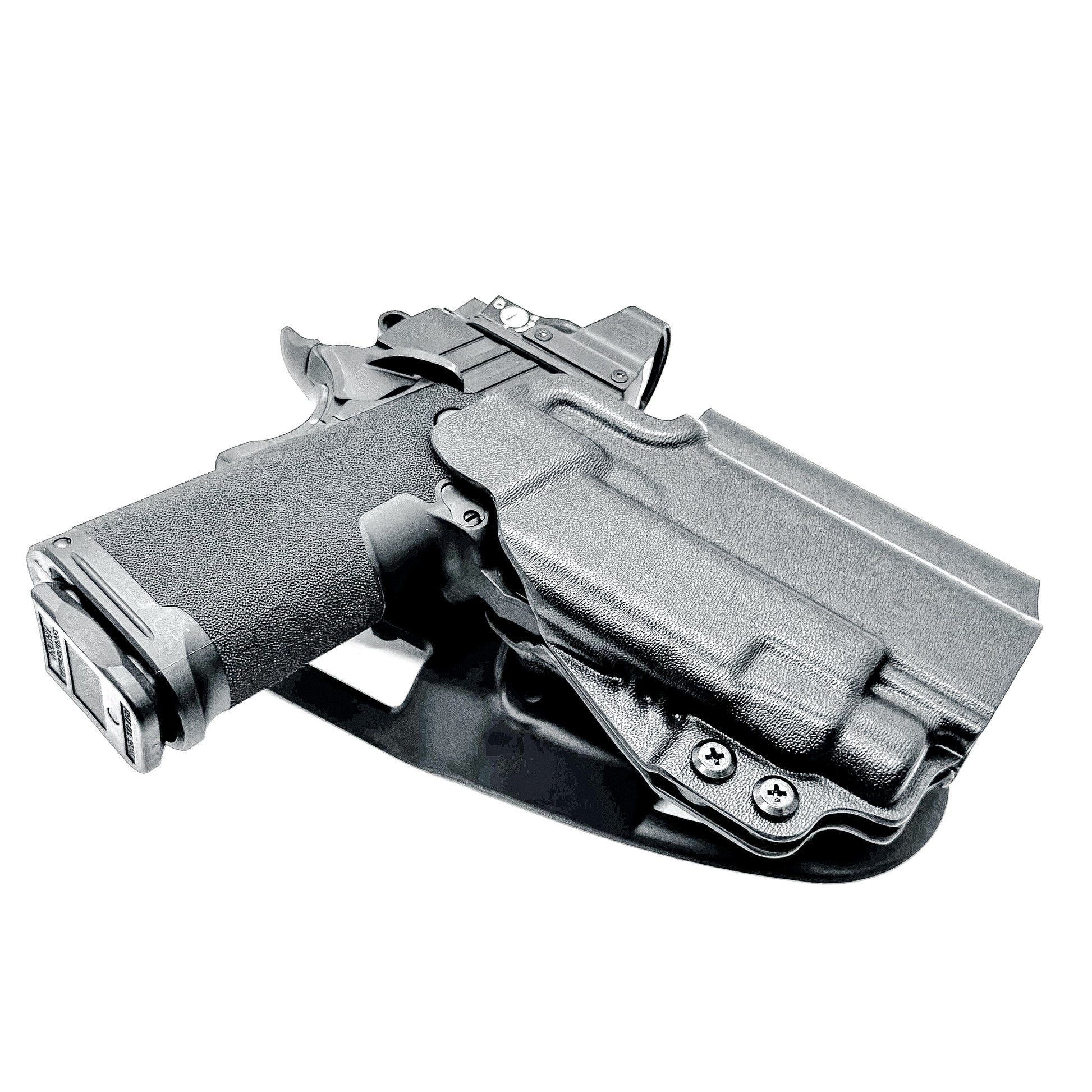 OWB competition-style holster for Springfield 1911 DS Prodigy 4.25" & TLR-7 HL-X. Red dot and suppressor sight compatible, open muzzle, adjustable cant. USA Made.