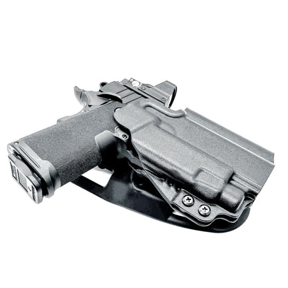 OWB competition-style holster for Springfield 1911 DS Prodigy 4.25" & TLR-7 HL-X. Red dot and suppressor sight compatible, open muzzle, adjustable cant. USA Made.