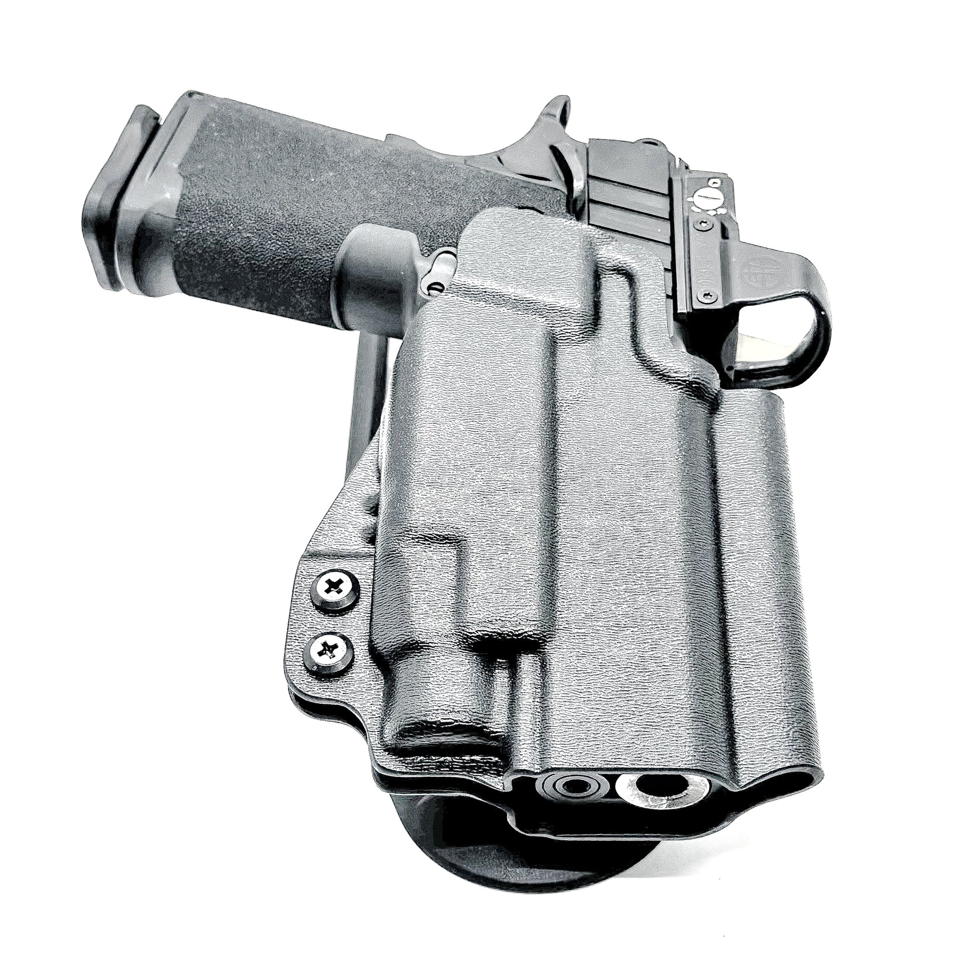 OWB competition-style holster for Springfield 1911 DS Prodigy 4.25" & TLR-7 HL-X. Red dot and suppressor sight compatible, open muzzle, adjustable cant. USA Made.