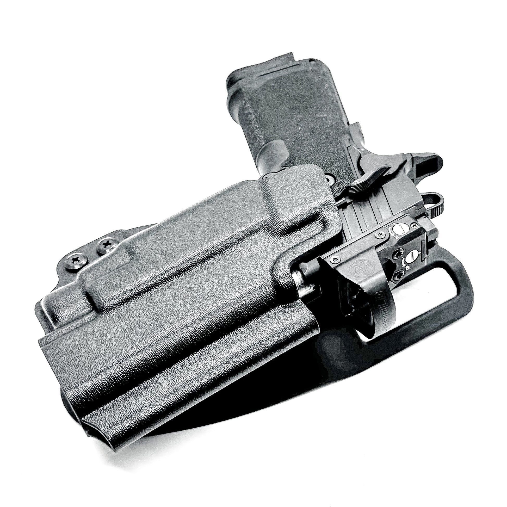 OWB competition-style holster for Springfield 1911 DS Prodigy 4.25" & TLR-7 HL-X. Red dot and suppressor sight compatible, open muzzle, adjustable cant. USA Made.