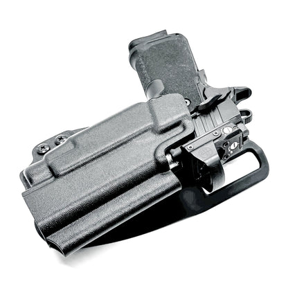 OWB competition-style holster for Springfield 1911 DS Prodigy 4.25" & TLR-7 HL-X. Red dot and suppressor sight compatible, open muzzle, adjustable cant. USA Made.