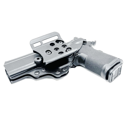 Black OWB Kydex holster for Springfield 1911 DS Prodigy with open muzzle, full sweat guard, and red dot sight compatibility.