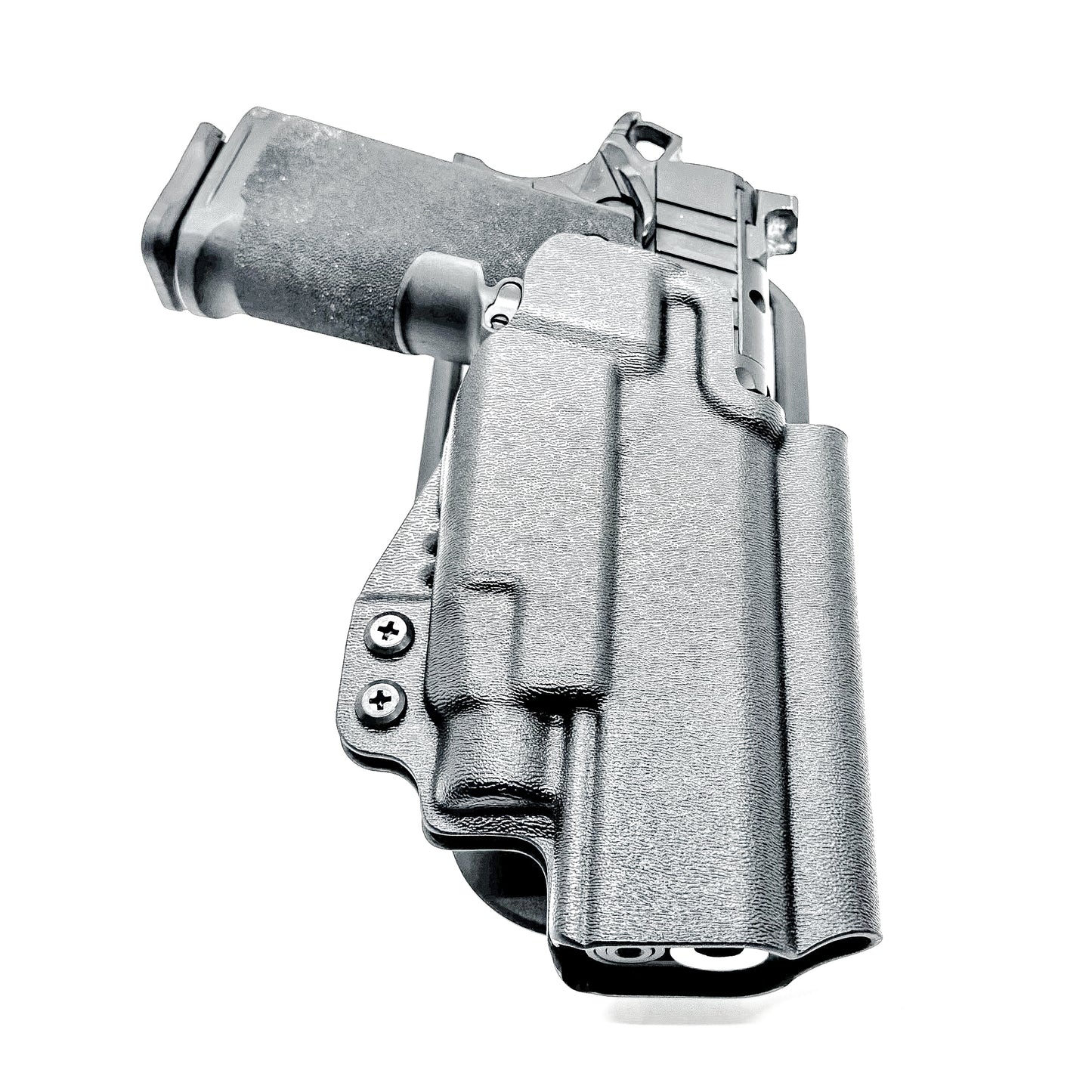 OWB competition-style holster for Springfield 1911 DS Prodigy 5" & TLR-7 HL-X. Red dot and suppressor sight compatible, open muzzle, adjustable cant. USA Made.