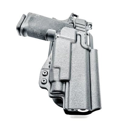 OWB competition-style holster for Springfield 1911 DS Prodigy 5" & TLR-7 HL-X. Red dot and suppressor sight compatible, open muzzle, adjustable cant. USA Made.