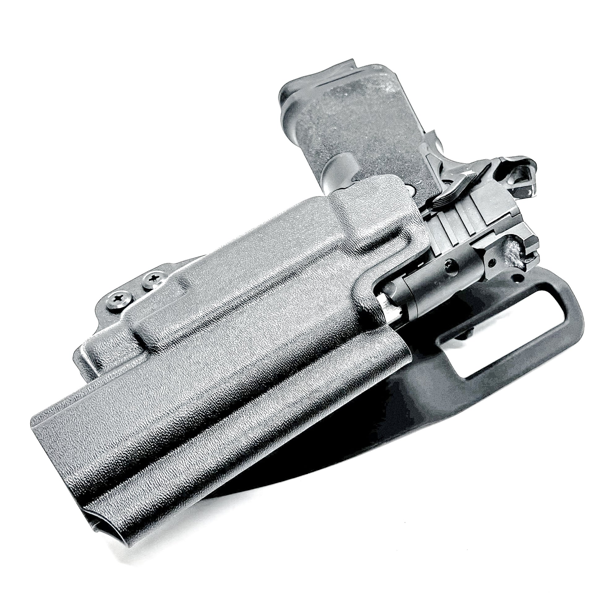 OWB competition-style holster for Springfield 1911 DS Prodigy 5" & TLR-7 HL-X. Red dot and suppressor sight compatible, open muzzle, adjustable cant. USA Made.