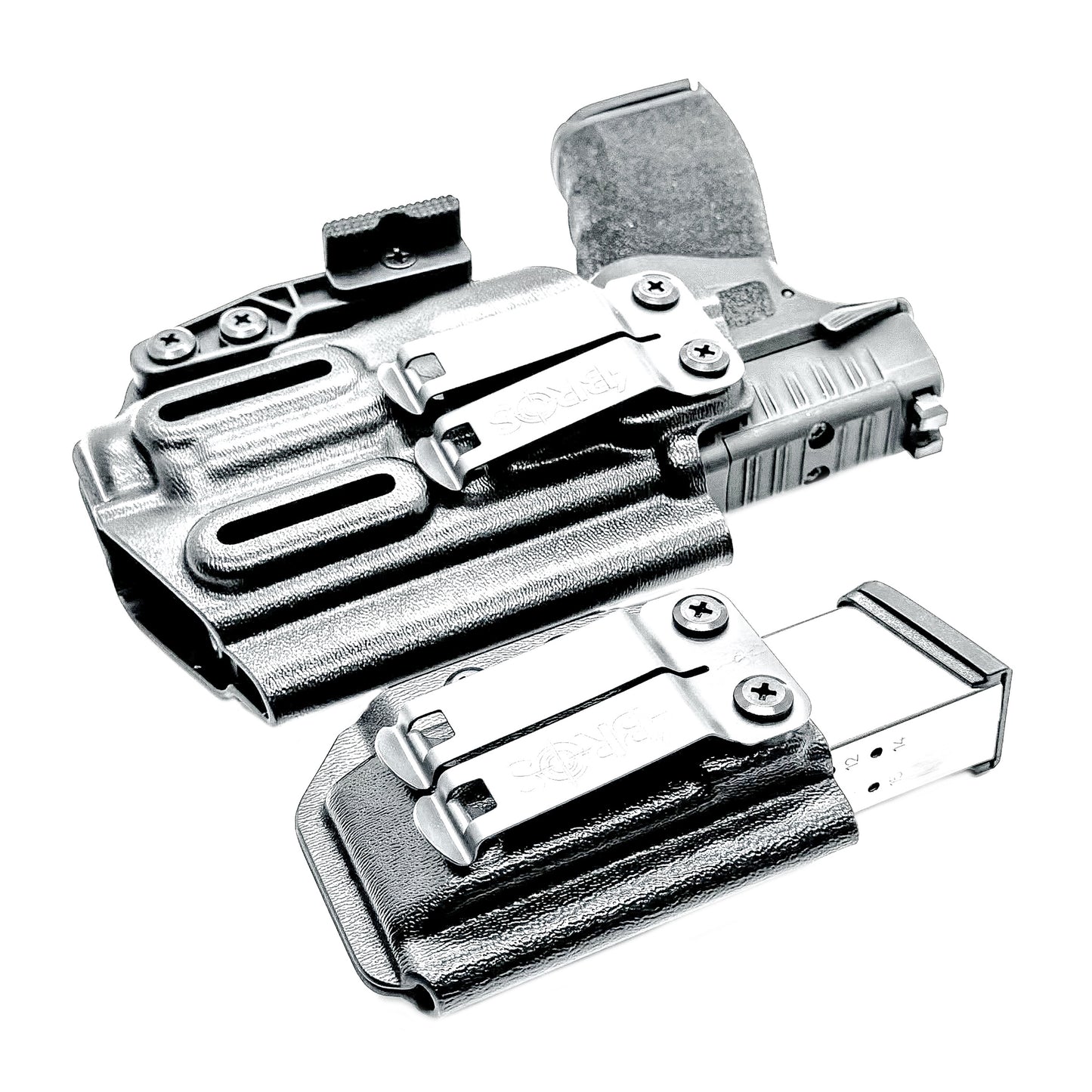 Four Brothers Holsters Inside the Waistband IWB Holster & Magazine Carrier combo for the Springfield Armory Hellcat Pro with SureFire XC3 Sub.