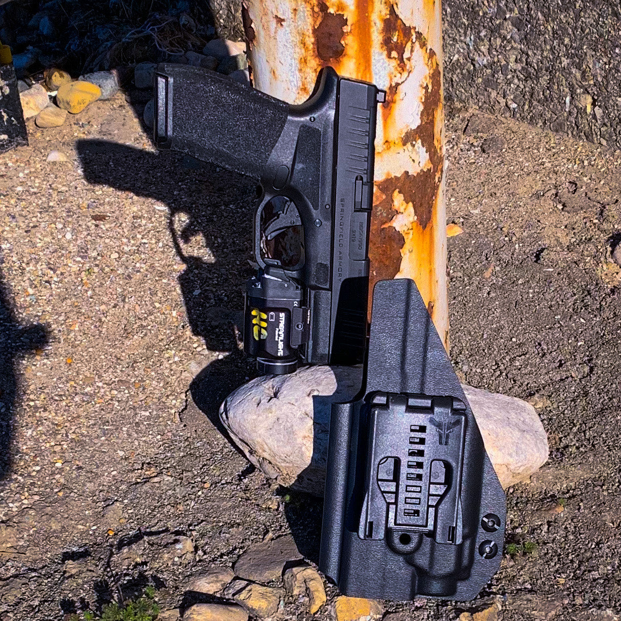 For the best Outside Waistband OWB Holster for the Springfield Hellcat Pro pistol with the Streamlight TLR-8 Sub 1913 light, shop Four Brothers 4BROS Holsters. 
