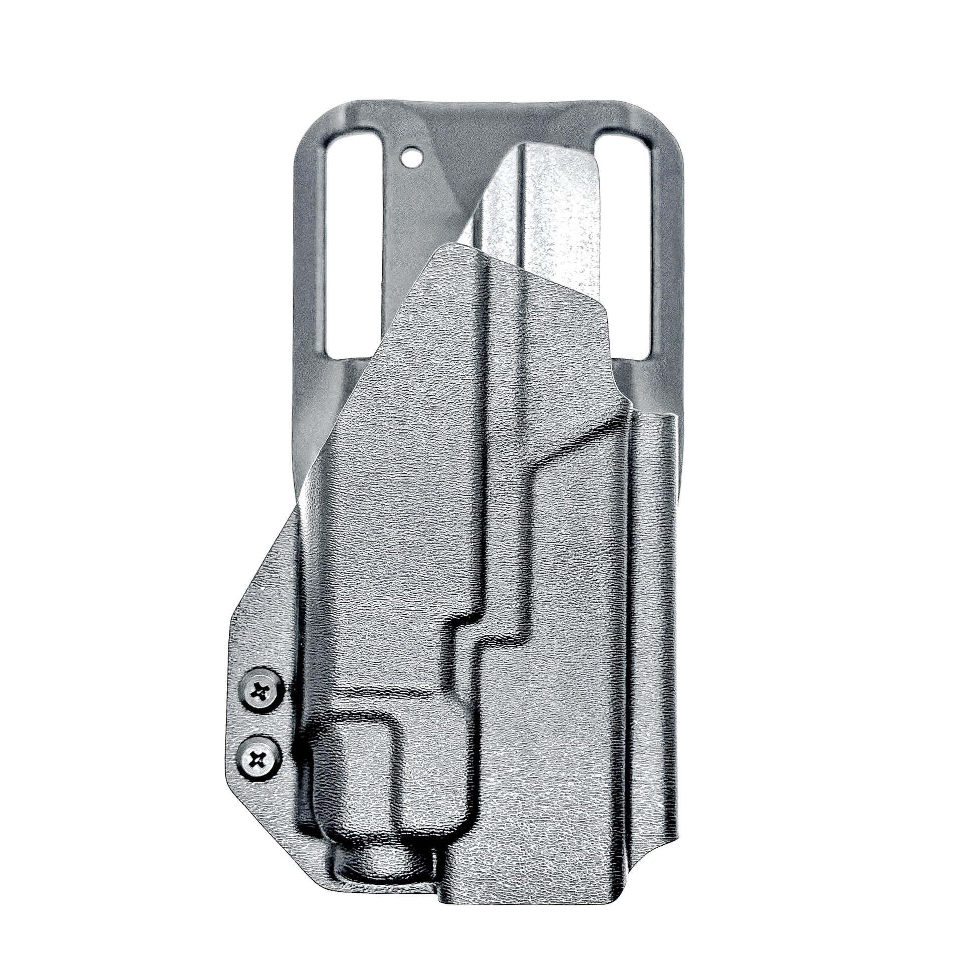 Black OWB light-duty and competition holster for Springfield Hellcat Pro with TLR-8A Light. Red dot ready, threaded barrel compatible. 