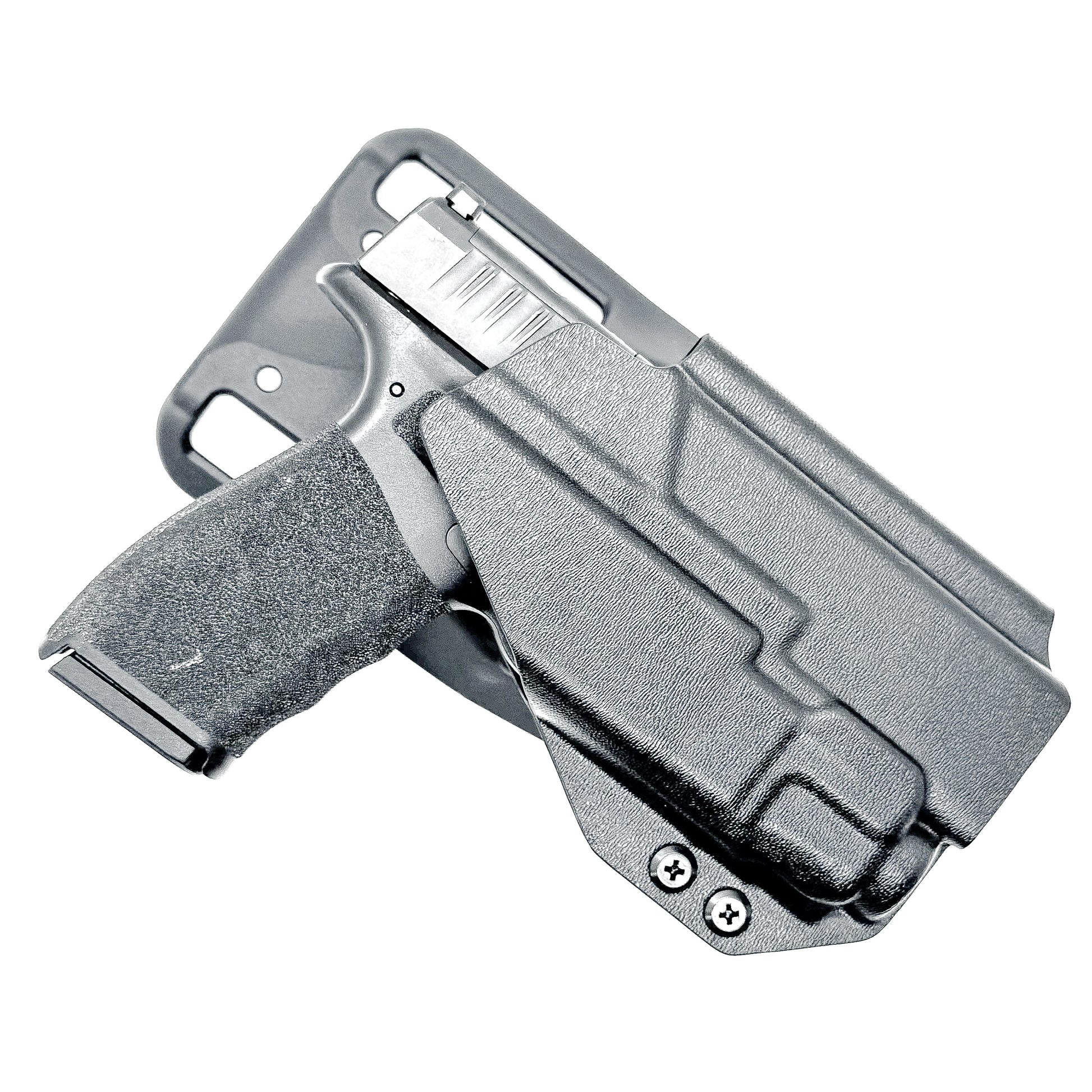 Black OWB light-duty and competition holster for Springfield Hellcat Pro with TLR-8A Light. Red dot ready, threaded barrel compatible. 