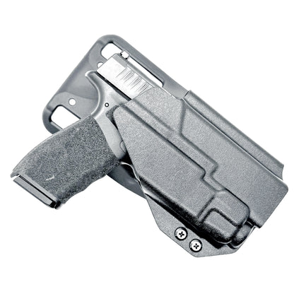 Black OWB light-duty and competition holster for Springfield Hellcat Pro with TLR-8A Light. Red dot ready, threaded barrel compatible. 