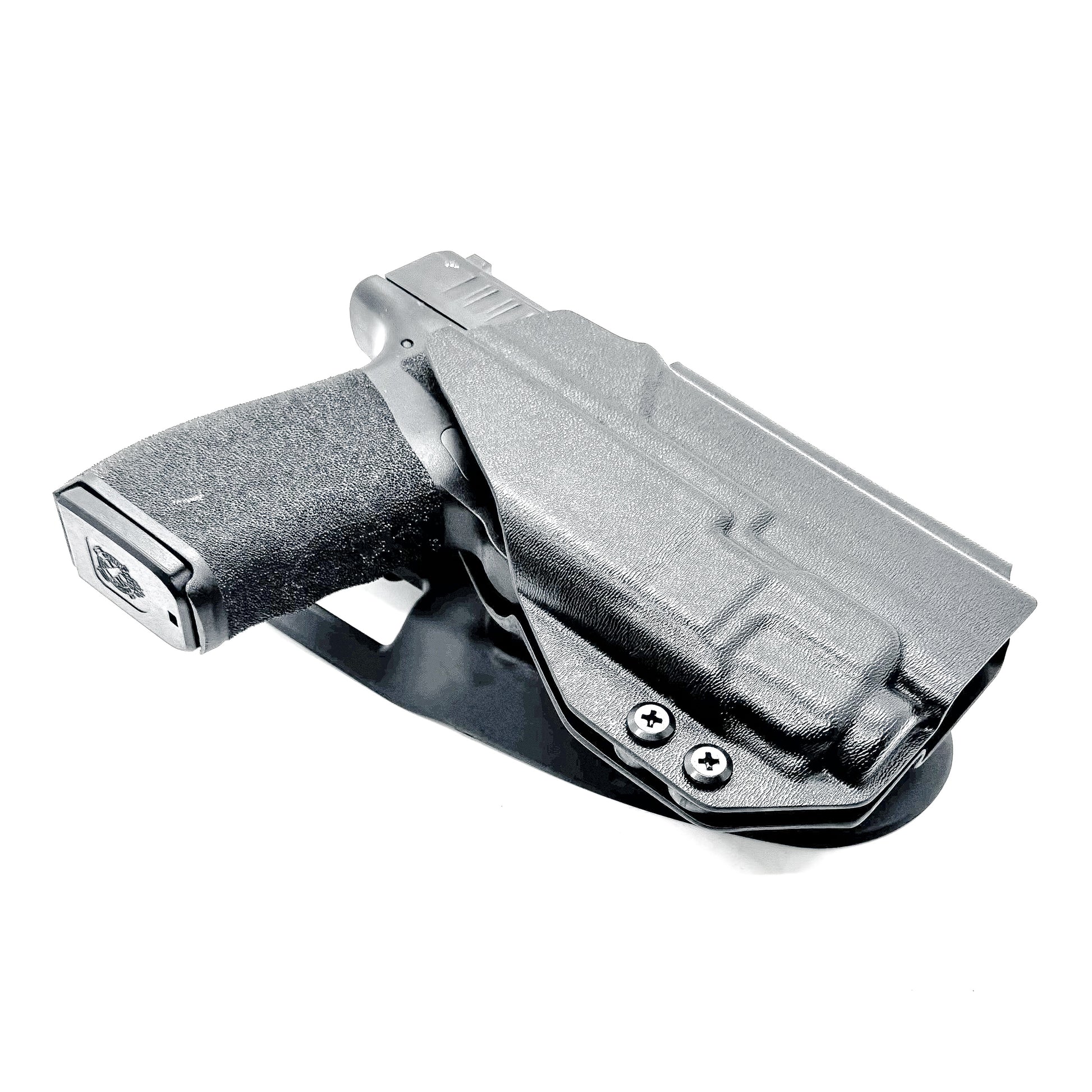 Black OWB light-duty and competition holster for Springfield Hellcat Pro with TLR-8A Light. Red dot ready, threaded barrel compatible. 