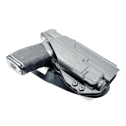 Black OWB light-duty and competition holster for Springfield Hellcat Pro with TLR-8A Light. Red dot ready, threaded barrel compatible. 