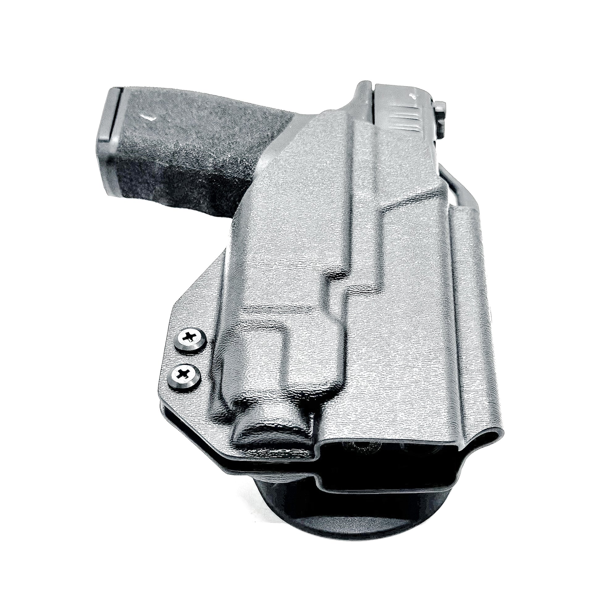 Black OWB light-duty and competition holster for Springfield Hellcat Pro with TLR-8A Light. Red dot ready, threaded barrel compatible. 