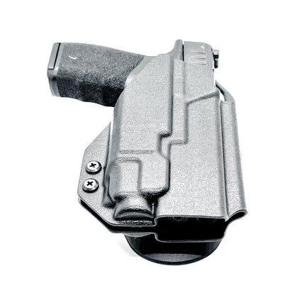 Black OWB light-duty and competition holster for Springfield Hellcat Pro with TLR-8A Light. Red dot ready, threaded barrel compatible. 