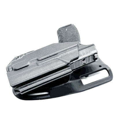 Black OWB light-duty and competition holster for Springfield Hellcat Pro with TLR-8A Light. Red dot ready, threaded barrel compatible. 