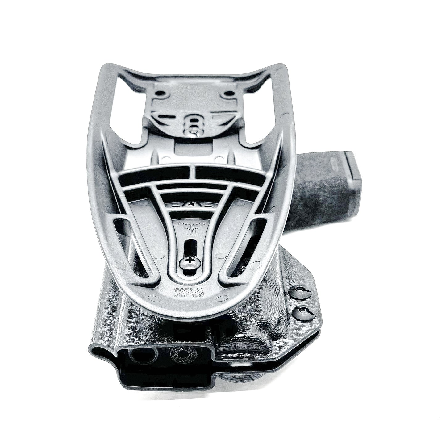 Black OWB light-duty and competition holster for Springfield Hellcat Pro with TLR-8A Light. Red dot ready, threaded barrel compatible. 