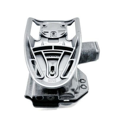 Black OWB light-duty and competition holster for Springfield Hellcat Pro with TLR-8A Light. Red dot ready, threaded barrel compatible. 