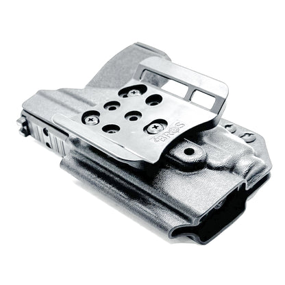 Outside Waistband holster for the Springfield Hellcat Pro with TLR-8A light in black with the 4Bros 1.5" belt slide.