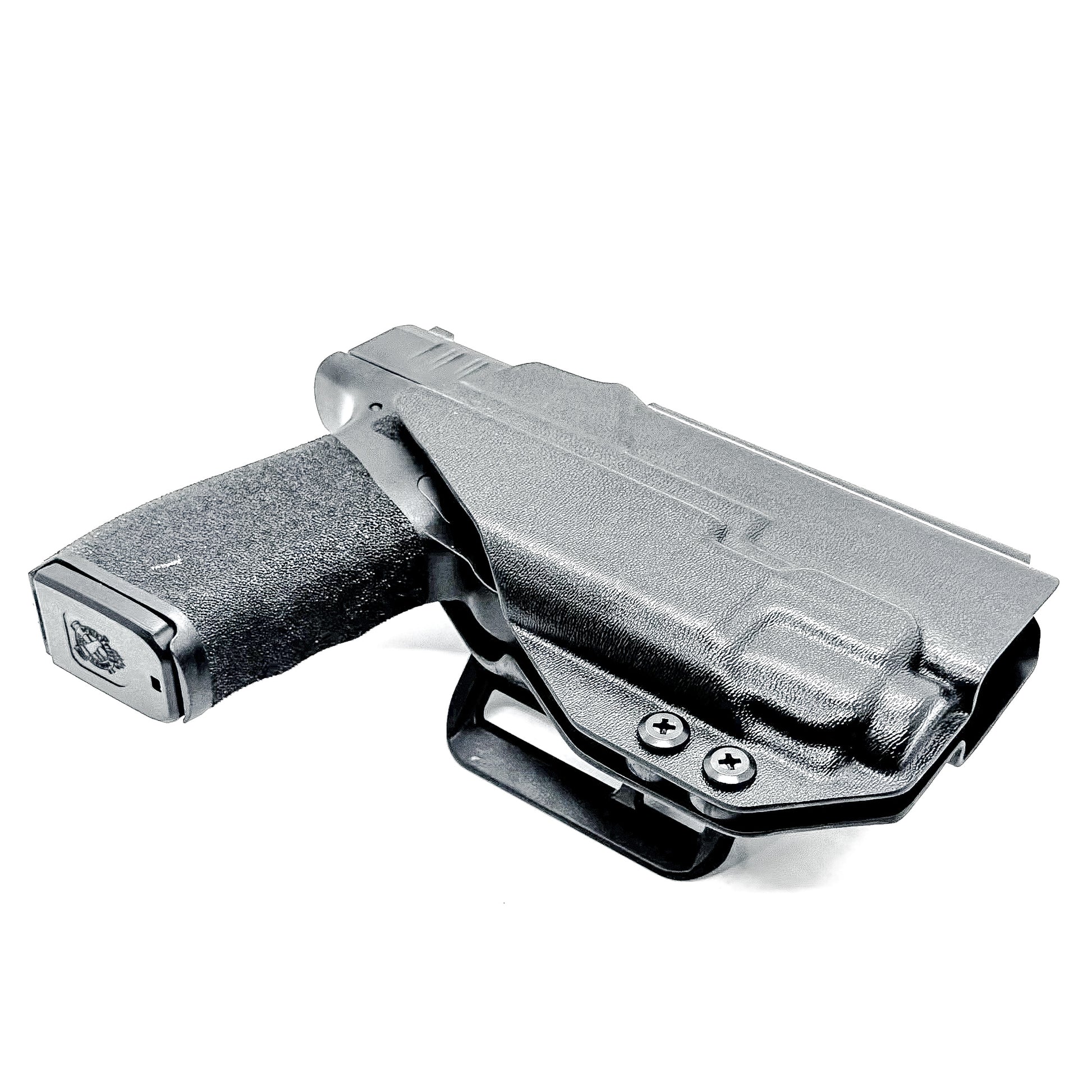 Outside Waistband holster for the Springfield Hellcat Pro with TLR-8A light in black with the 4Bros 1.5" belt slide.