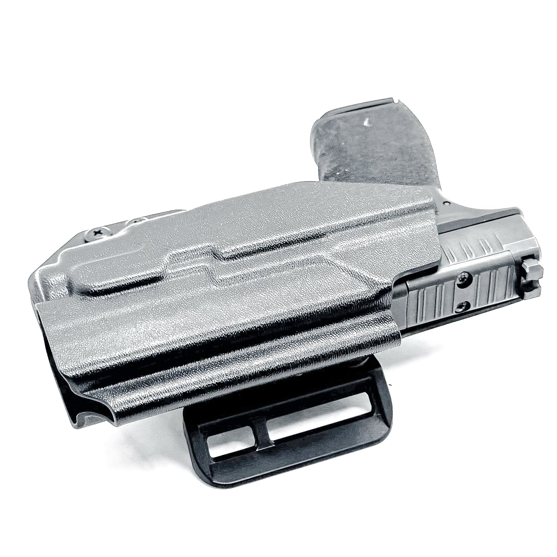 Outside Waistband holster for the Springfield Hellcat Pro with TLR-8A light in black with the 4Bros 1.5" belt slide.