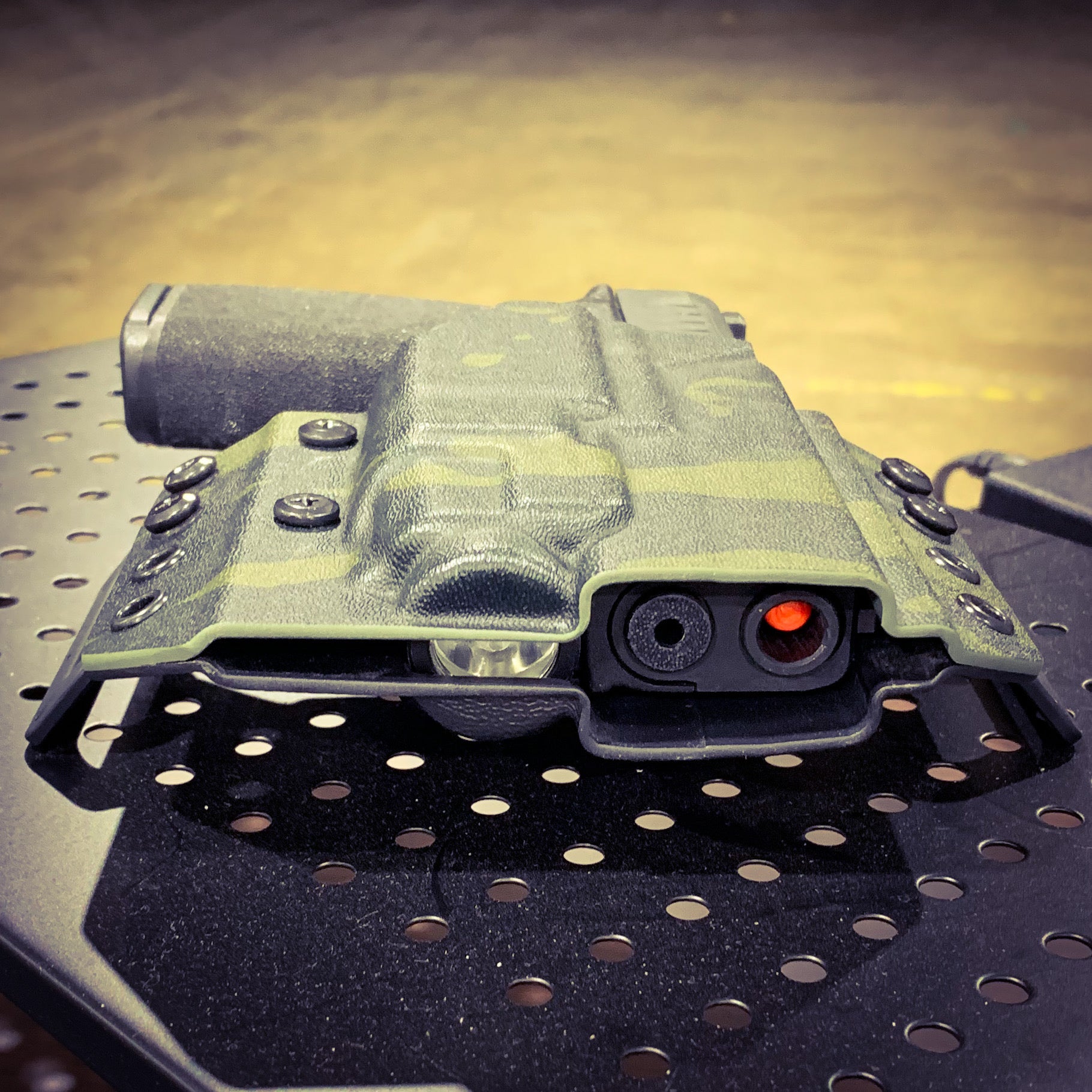 OWB Kydex holster for the Springfield Hellcat Pro with TLR-8 X & TLR-8 A. Pancake holster, adjustable retention, open muzzle, optic/red dot ready. Made in USA.