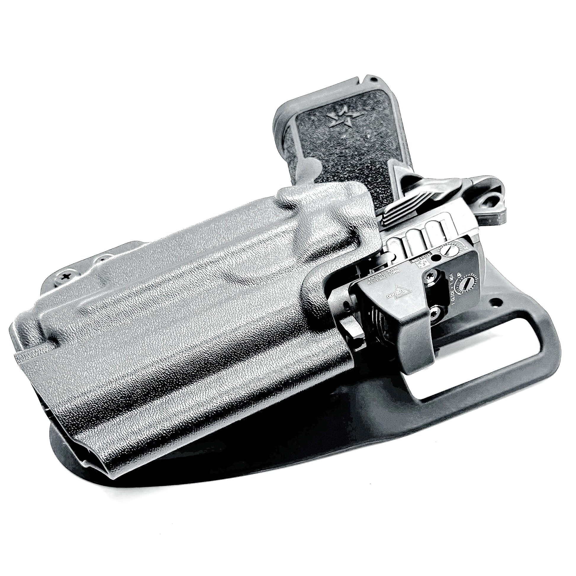 Precision-fit OWB outside the waistband duty & competition holster for the Staccato HD C3.6 and Streamlight TLR-7 X from Four Brothers