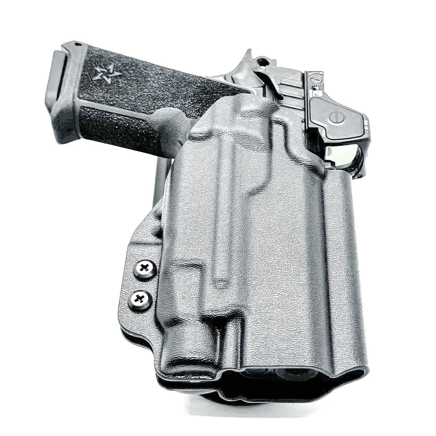 Precision-fit OWB outside the waistband duty & competition holster for the Staccato HD P4 and Streamlight TLR-7 HL-X from Four Brothers. Made in the USA.
